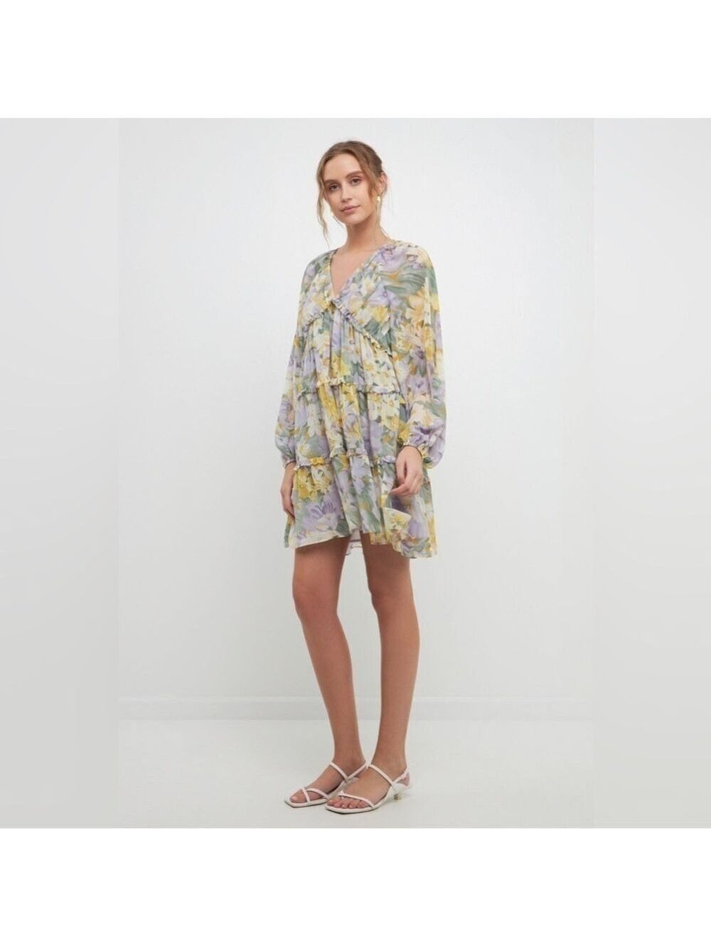 Free The Roses Voluminous Flowy Floral Mini Dress with Long Sheer Puff Sleeves - Picture 2 of 14